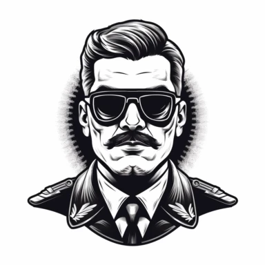 military officer wearing sunglasses , vintage, logo, clean, solid color, black and white color, clip art style, vector style, white background, i can't believe how cool this is