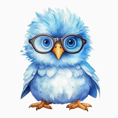 a captivating watercolor clipart image with a white background and white margins, featuring a cute sweet kawaii extremely happy baby blue bird wearing glasses and a tie. The ultra-detailed, hand-drawn elements capture the details. Use vibrant shades of various colors to create a visually appealing image