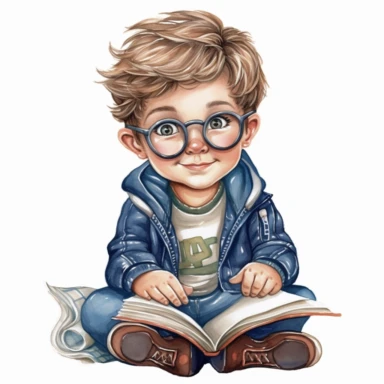 a happy little cute boy in a five-year-old, white short, blue jacket, book, glasses, style by Lusy Fleming, folk art, watercolor, clipart elements, smooth gradients, black contour outline, ultra detailed, white background, super clear, high quality
