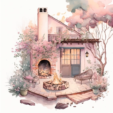 Paint an illustration of a porch with a fire pit or outdoor fireplace, perfect for gathering with friends and family on chilly evenings, pink pastel colors, light watercolor, few details, dreamy, Studio Ghibli, clipart, white background