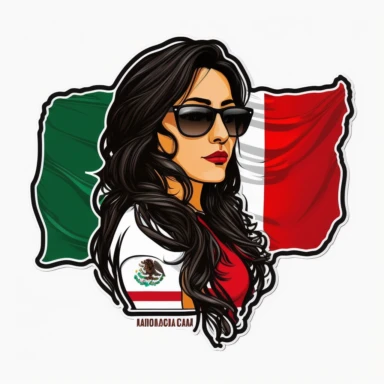 pretty young woman with a t-shirth with the mexican flag, black long hair and sunglasses realistic cartoon style clipart sticker