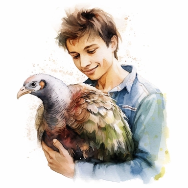 Adorable pet Turkey having happy moment with it's human owner, water color style, clipart, white background