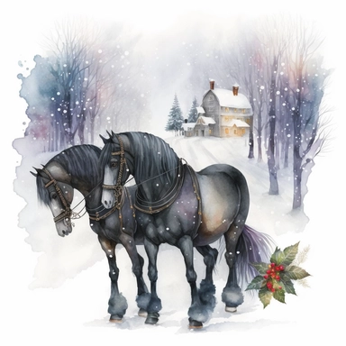 dark academia, horses, snow, fairytale, Christmas, swedish folk art, watercolor, white background, clipart