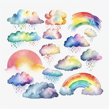 clouds, rainbow, watercolor,all white background, clipart