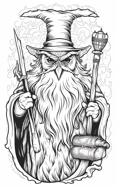 Coloring cartoon page for adult,witch clipart 6 witches, owl, in the style of reimagined by Dr. Seus, mystic mechanisms, illusory images, witchcore, lith printing ,clear and clean line art, white background