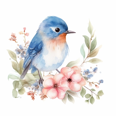 cute Cottagecore bluebird Clipart, watercolor, white background with margins