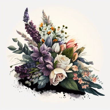 Clipart aquarelle, detailed realistic flower Bouquet tribute, related to loss, sorry, funeral. dark colors, dark theme. white background,