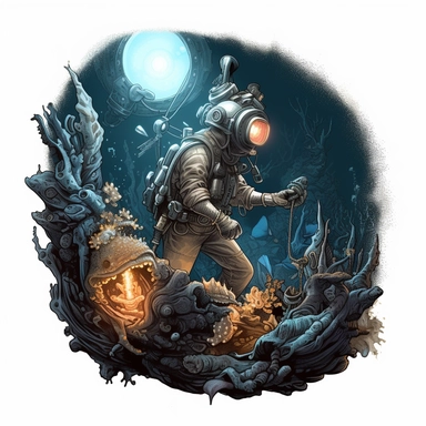 A clipart of a deep-sea diver exploring an old, barnacle-covered shipwreck with a flashlight, revealing hidden treasures, designed on a white background.