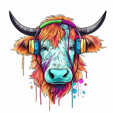 Cute Beautiful Retro 90s Color Cow Long Hair wearing headphones Sublimation Clipart,Cartoon, hyper realistic, intricate detail, illustration style,high solution,on the white background