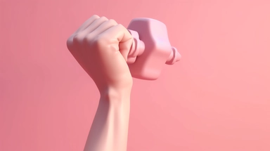 3d render cartoon hand holds heavy metal dumbbell, sport motivation clip art isolated on pink background. Physical activity power lifting at home, indoor fitness exercise routine, Bright color, ultra realistic