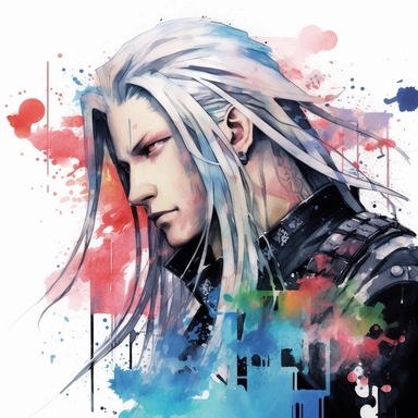 Final Fantasy VII Sephiroth with neck and face tattoos, close-up side profile, colorful graffiti background, clipart watercolor