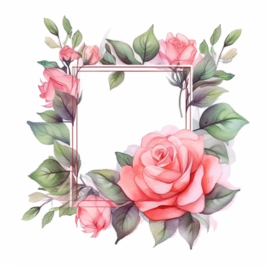 a light pink rose Floral, square Frame, Watercolor Clipart, Cartoon style, Webtoon Resources, White Background