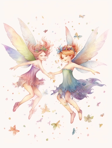 Detailed pastel pencil illustration of cute fairies, dancing, happy, glitter, clipart, plain isolated white background, 8k ultra detail high sharpness