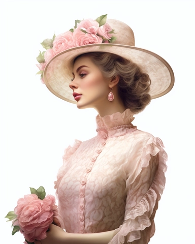detailed beautiful lady facing side with vintage hat with pink roses dressed in a vintage dress, hyper realistic, 8k, isolated on white backgorund, clipart