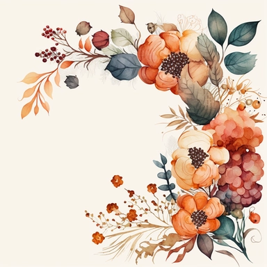watercolor dusty red floral in the far bottom left corner and far top right coner only, and blackberries in the far bottom left left corner and far up right corner only, clipart, orange, white background, no text