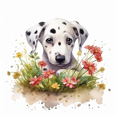 Clipart, watercolor, white background: A baby Dalmatian exploring a patch of flowers, illustrating its curious and playful nature.