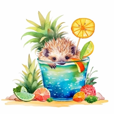 create a clipart featuring a cute prickly hedgehog illustration, vibrant colors, watercolor, summer vibes, beach, Hawaiian vibes, cocktail drink, fruits, detailed, minimal, against a white background