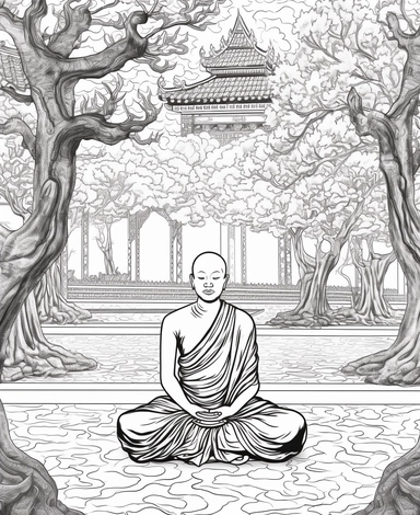 authentic full body tibetian monk meditating toward to audience, no patterns on drobe, fewer details without all shadings and buddhist temple background, the pattern must not protrude from the image, clipart, black and white, thin but strong continuous lines, must not fill with black any areas of the pattern coloring pages,only contours, only outlines