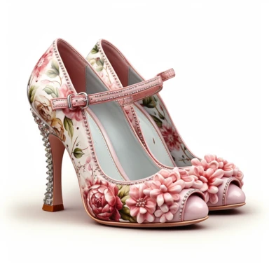 a vintage high heel shoes decorated with Peonies flowers motifs, pink themed ,Cath Kidston ,Emma Bridgewater, rose patterns, pastel colors, stripes. Embellishments like glitter, sparkles, polka dots, clipart, watercolor illustration,hand drawn ,single object, highly detailed, white background for removing background - - no text shadow font watermark