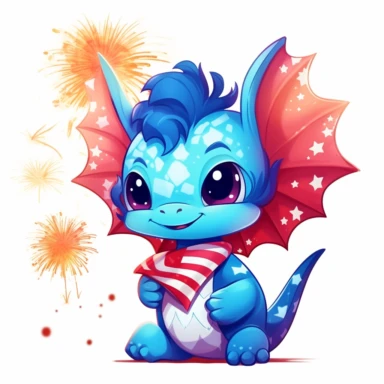 illustration of a cute baby dragon, watching fireworks on 4th of july, fireworks in background, 4th of july, clipart svg, white background