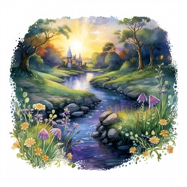 cartoon fairy glen by the River, grass and flowers line the sides if the river, glowing lights and sparkles, colors of green purple gold and blue, glamorous realistic and detailed, watercolor, white background with margins, clipart style