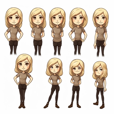 a clipart girl with a black outline around her figure, a white background, in various poses, with blonde hair and brown eyes.