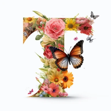 Letter T, Flower & Butterfly Alphabet, Cliparts, white background