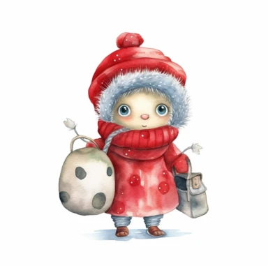 Watercolor, cute Christmas lady bug, with a red hat, coat and sack of gifts, PNG, winter, nursery, cartoon, highly detailed, watercolor, very high details, white background, clipart style