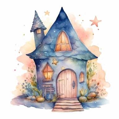 watercolor clipart of a tiny elf house with small details, vibrant pastel colors, stars, magical, mystical, celestial, high quality watercolor image on white background