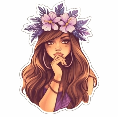semi-realistic spiritual mysterious shy cute girl sticker, Hawaiian, in boho style, magical aura, fantasy, clipart, white background, high quality, contour