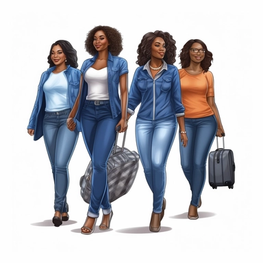 Clipart, four curvy African American woman smiling, all in t shirts and blue jeans with suit cases walking together through the airport, colorful background, hyper realistic, well rendered, cinematic, - - v 5