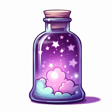 cute kawaii Clipart of a purple celestial universe inside a bottle, clear outlines, white background