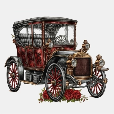 clipart, highly detailed antique gothic car, red roses, watercolor, transparent background, white background