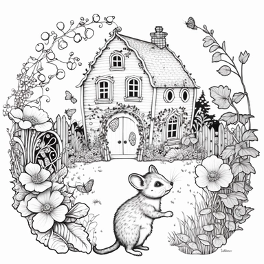 free printable mouse house coloring pages clipart hd clipart black and white download, in the style of whimsical dreamscapes, monochromatic serenity, cottagepunk, meticulous design, tranquil gardenscapes, charming characters, tattoo-inspired