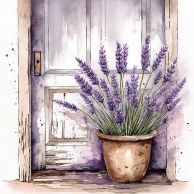 Create a beautiful watercolor clipart of a dried bunch of a French lavender. potted plant against a rustic farm door. The composition should be set against an isolated white background, with a bright and airy feel. Focus on capturing intricate details such as the delicate petals of the lavender. Use a loose and fluid watercolor technique to create a sense of movement and lightness. Experiment with the use of negative space to create a sense of depth and perspective. Consider adding small splatte