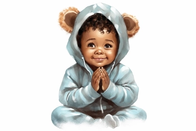 6 Watercolor happy cute beautiful brown skin african American baby girl praying wearing baby christmas pajamas, detailed clipart, isolated, white background, spaced out--q 2