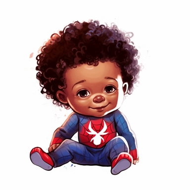 A biracial little newborn baby boy superhero as spiderman, white spider logo, sitting down, smiling, tiny cute little baby, curly afro hair, , red and blue colors, watercolor art, clipart