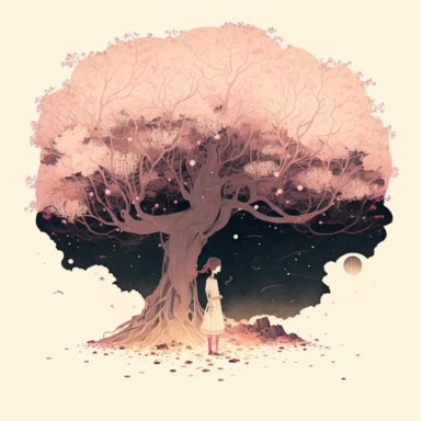 in the style of Ryo Takemasa, xuan loc xuan, Lisa Audit, Anastasia Suvorova, Jon Klassen, greg tocchini, single lady under sakura tree at night, fantasy, limpid, magical, mysterious, white background, vector, clipart, elaborate, ultra-detailed, best quality illustration, vibrant colors, high definition, UHD