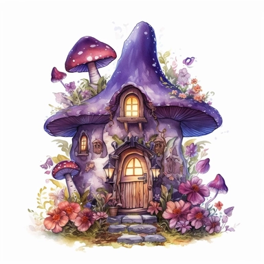 Watercolor Fairy House. A charming purple fairy house nestled amidst flowers and mushrooms, with twinkling lights and an inviting entrance, isolated on a white background with a wide margin Sublimation Clipart,hyper realistic, intricate detail, illustration style,high solution,on the white background