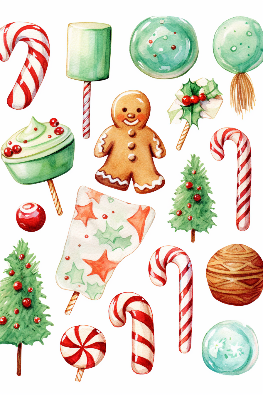 watercolour of a variety of Christmas Candies and cookies. Red and ...