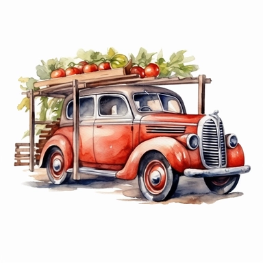 tomatoes on a wooden hanger, watercolor clipart & clip art, in the style of light red and dark gray, narrative paneling, classic american cars, uhd image, hand lettering, depiction of rural life, wood