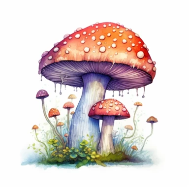 watercolor, hyper realistic, white background, white margins, 16k, ultra detailed clipart, cut out image, hand-drawn, whimsical manhwa style, ultra HD, sharp and clean art a whimsical mushroom with a tall, slender stem and a large, vibrant cap adorned with intricate patterns and colors. Add whimsical details like sparkling dots or stars on the cap to give it a magical touch.