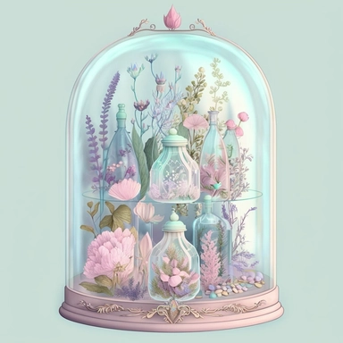 a glass cabinet with glass containers, in the style of dreamlike illustrations, fairycore, pastel color palette, botanical precision, flowers, Victorian, clipart