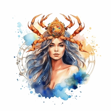 a beautiful woman representing the zodiacal cancer sign, crab crown, dreamy, element symbol drawing, women watercolor clipart, boho zodiac sign, epic, powerfull, mystic, white background, detailed, 8k
