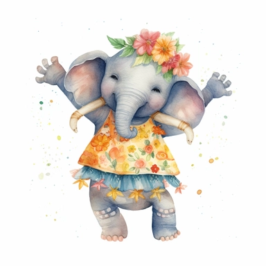 Summer hawaiian Chubby cute happy dancing elephant clipart watercolor isolated on the white background sublimation, Monica Rohan, white background realistic, watercolor, textured 8k, detail illustration, white background
