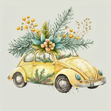 Christmas Car Yellow. Watercolor holiday clipart, vintage, retro car, bug, winter, Christmas tree, floral wreaths, xmas, merry, holly, cards