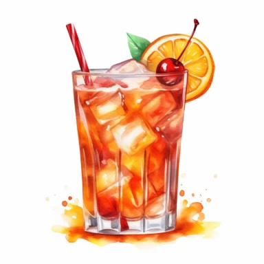 hurricane cocktail with orange and cherry, watercolor illustration, plain background, clipart
