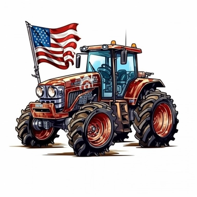 Sticker, American flag with tractor and firework Sublimation Clipart, Cartoon funny, Cute anime, Very detailed, white background