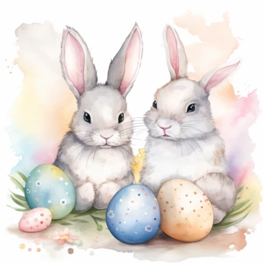 Create a watercolor clipart of two spaced-out bunnies sitting next to an Easter egg, with a fully white background that does not contain watercolors. The medium should be watercolor, giving the bunnies and Easter egg a soft and fluid look. The style should feature gentle brushstrokes and pastel colors, capturing the delicate and whimsical nature of bunnies. The lighting should be soft and diffused, conveying a sense of warmth and comfort. The color palette should be light and airy, using soft pa
