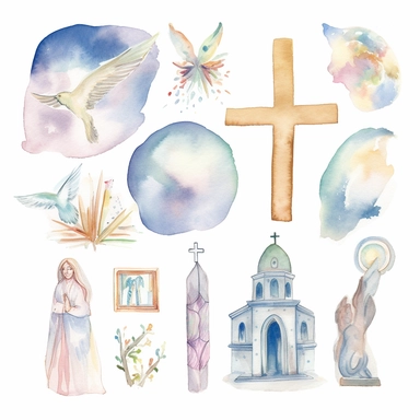 Watercolor clip art with Catholic religious undertones. Inspirational. Soft colors. Image only. No text. White background.